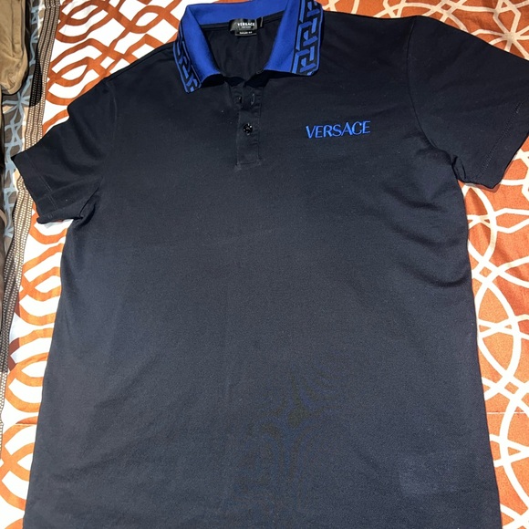 Versace Men's Polo Shirt in Black with Blue Details